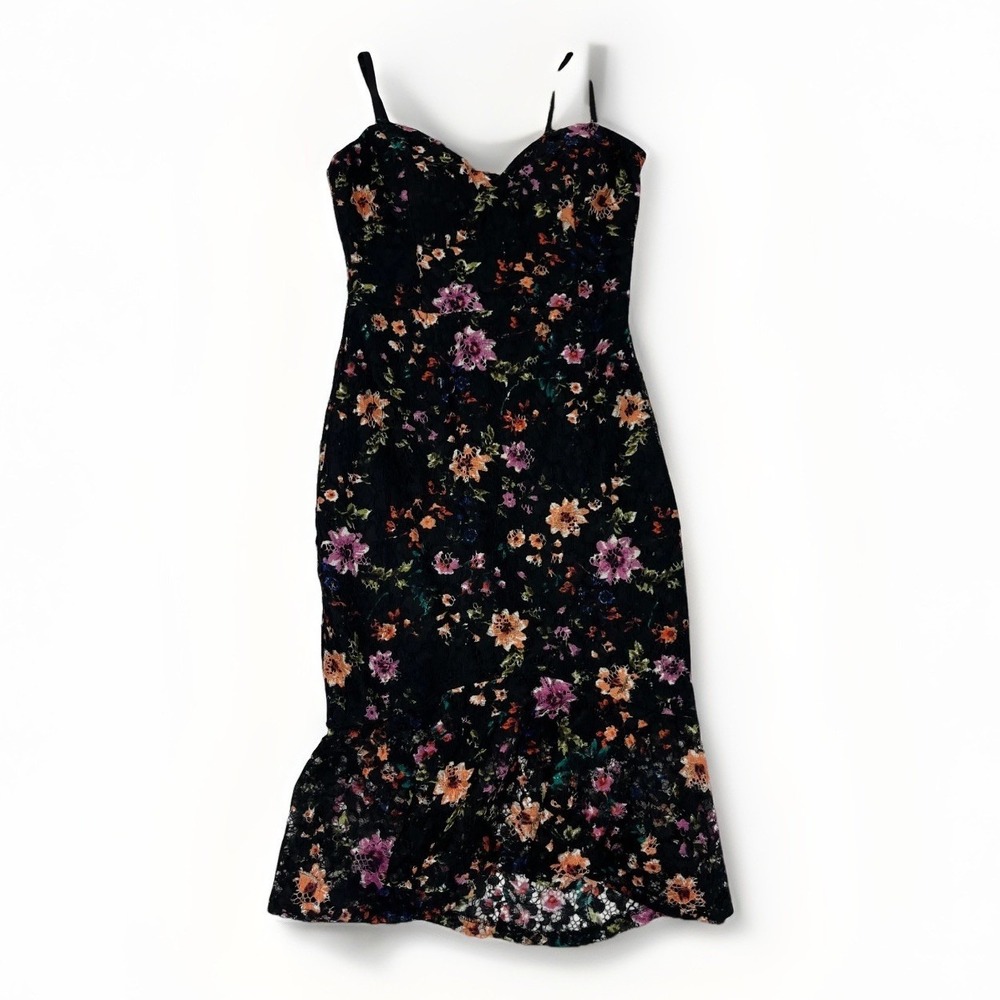 Guess Trumpet Dress Black Multicolor Floral Lace Sz 6 Y2K Romantic Whimsy - Picture 11 of 16
